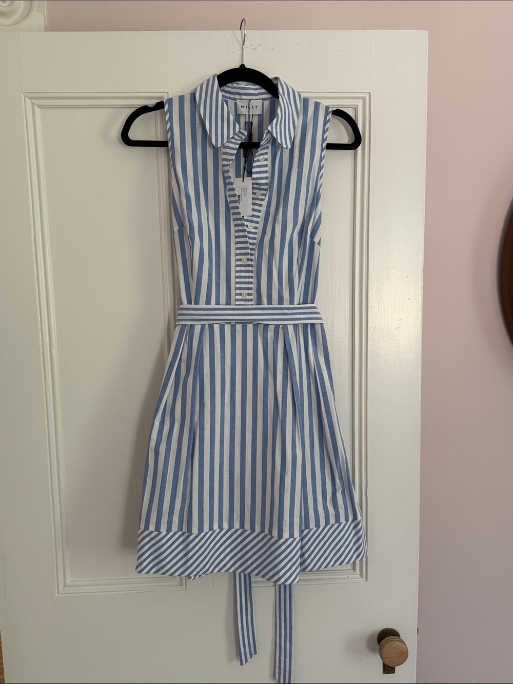 Milly Blue and White Striped Sleeveless Shirt Dress